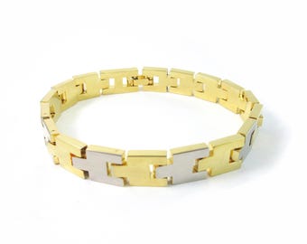 Vintage Two-tone Gold-plated Steel Bracelet - Brick-style Link - 7.5" Length
