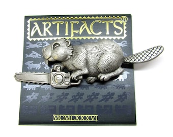 Vintage Handmade RARE Pewter Beaver with Chainsaw Brooch - Original JJ Jonette Design