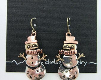 Vintage Handmade Pewter Tri-metal Snowman Earrings with Moving Body Sections