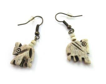 Vintage Hand-carved Bone Animal Dangle Earrings