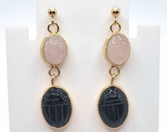 Vintage JJJ Egyptian Revival Belle Designs Gold-plated Sterling Silver Earrings with Rose Quartz & Black Onyx