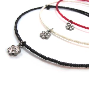 Seedbead and Memory wire Choker with Black Rhodium Flower w/Clear Crystals