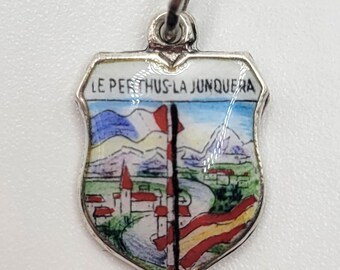 Vintage Silver Le Perthus La Junquera Location Shield Charm or Pendant - with Coloured Enamel