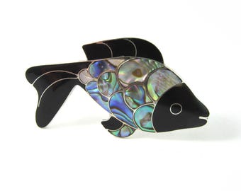 Vintage Abalone Shell and Black Enamel FISH Brooch - Sterling Silver .925