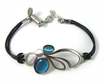 TRE SCELTE di blu e argento - Bracciale Christophe POLY regolabile in cordino nero con chiusura magnetica - Fatto a mano in Quebec