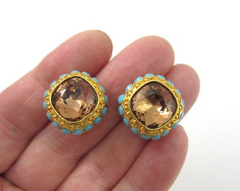 Vintage Signed JOAN RIVERS GEP Pierced Brown Crystal and Turquoise Earrings with Omega Flip-up backs