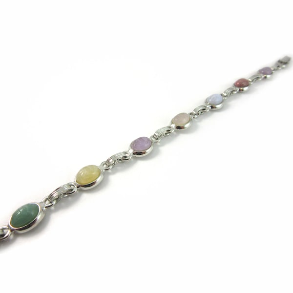 Silver Genuine Carved Scarab Gemstone Bracelet - Pastel Multi-color - by Belle Designs