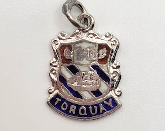 Vintage Silver TORQUAY England Location Shield Charm or Pendant - with Coloured Enamel