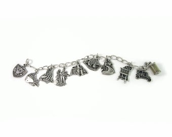 Vintage Michigan State Souvenir Charm Bracelet with 10 CHARMS - Sterling Silver - 32.1 grams