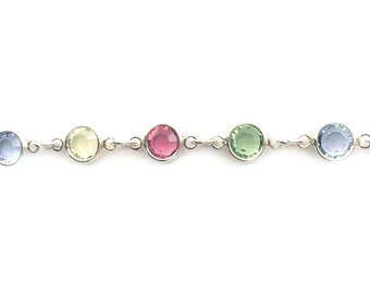 Silver Large Pastel Crystal Chain-by-the-Inch - Blue, Pink, Green & Yellow