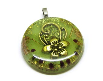 Greenish Resin Orgone Circle Pendant with Metal shavings and Gemstone Chips