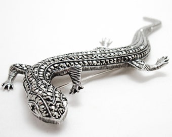 Vintage Sterling Silver and Marcasite Lizard Gecko Salamander Brooch - Extra-Large Pin