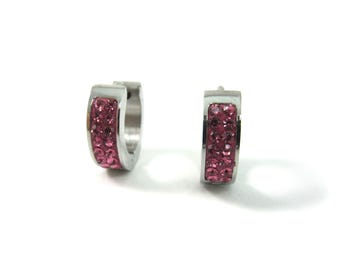 Vintage STEELX Bonded PINK Crystal Steel Huggies - Hoop Earrings with Hinge