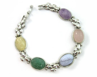 Silver Genuine Carved Scarab Gemstone Bracelet - Pastel Multi-color - by Belle Designs