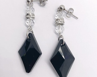Vintage STEELX Black Diamond-shaped Crystal Dangle Earrings for Pierced Ears