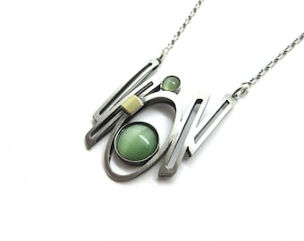 Christophe POLY Necklace - Handmade in Quebec - Longer 22" Chain-style Brushed Necklace with Green Cats Eye
