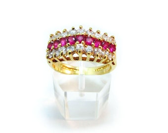 Vintage LIND Created Rubies and Clear Cubic Zirconia Ring - 14K HGE - Signed Ring