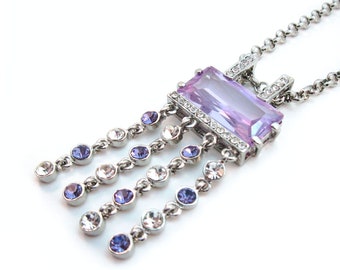 Purple Crystal Silvertone Fashion Necklace with Four Dangle Chains