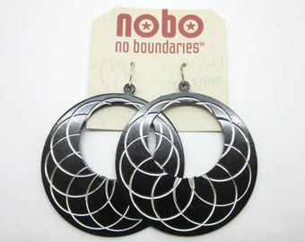 Vintage Large Fashion Earrings - Black Metal Go-go style Dangles with Silver Etching - Retired NOBO stock