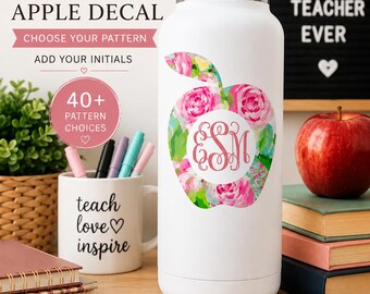 Personalized Teacher Apple Decal, Monogram Apple Vinyl Decal, Teacher Water Bottle Decal, Teacher Gift