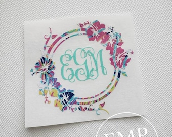 Floral Monogram Decal, Print Monogram Decal, Hawaiian Monogram Decal, Luau Car Decal, Yeti decal, Hibiscus Flower Decal