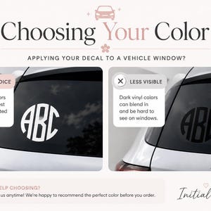 May include: An informational graphic titled Choosing Your Color for vehicle window decals. It compares a white circular monogram decal on a tinted car window labeled Best Choice with a black monogram decal labeled Less Visible, explaining color contrast.