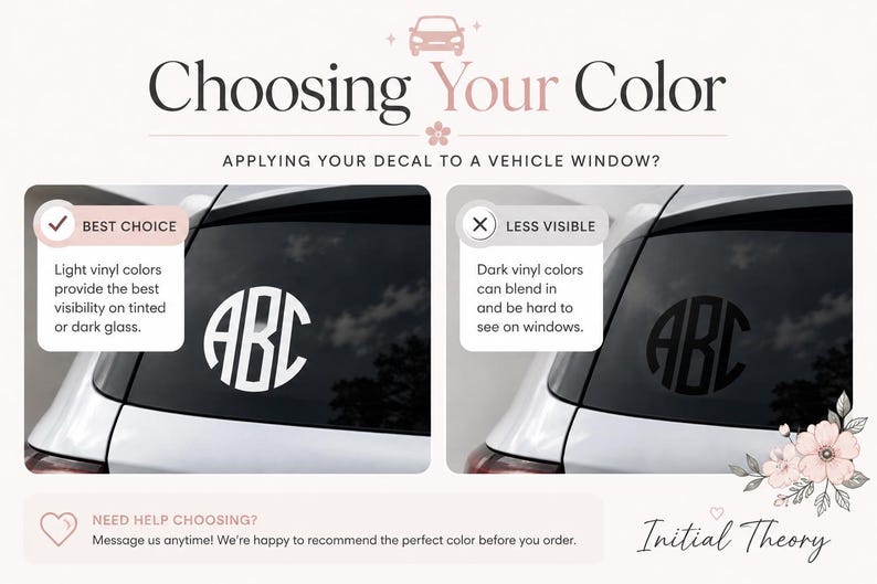 May include: An informational graphic titled Choosing Your Color for vehicle window decals. It compares a white circular monogram decal on a tinted car window labeled Best Choice with a black monogram decal labeled Less Visible, explaining color contrast.