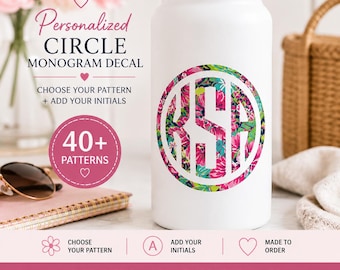 Patterned Circle Monogram Decal | Personalized 3 Initial Vinyl Decal | Preppy Monogram for Water Bottle, Tumbler, Car & Laptop