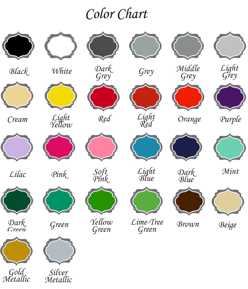 Puede incluir: Una carta de colores que presenta una variedad de tonos, incluyendo negro, blanco y varias tonalidades de gris, rojo y amarillo. La carta tambi&eacute;n muestra colores como p&uacute;rpura, rosa, azul, verde, marr&oacute;n y beige, con opciones met&aacute;licas doradas y plateadas. Cada color se presenta dentro de un marco decorativo.