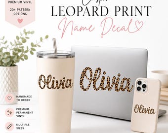 Leopard Print Name Decal | Personalized Vinyl Sticker for Tumbler, Laptop, Water Bottle & Car Window