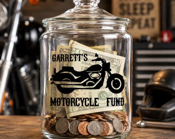 Motorcycle Fund Jar Decal, Personalized Savings Jar Decal, Motorcycle Savings Fund, Biker Gift, Custom Name Vinyl Decal