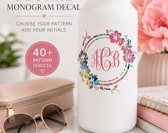 Floral Monogram Decal | Personalized Initial Vinyl Decal | Custom Flower Monogram for Water Bottles, Laptops, Cars & Gifts