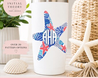 Starfish Monogram Decal, Personalized Beach Decal, Coastal Monogram Sticker, Custom Starfish Vinyl Decal, Beach Lover Gift