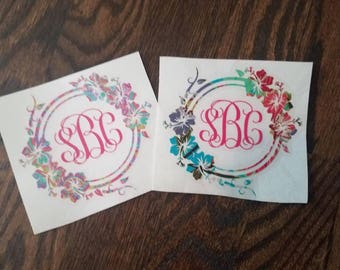 Floral Monogram Decal, Lilly Print Monogram Decal, Hawaiian Monogram Decal, Luau Car Decal, Yeti decal, Hibiscus Flower Decal