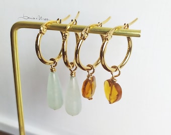 Earrings with semi-precious stone pendants and small golden circles