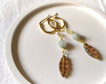 Long drop earrings natural pearl green glass beads antique style brown leaf glass and resin