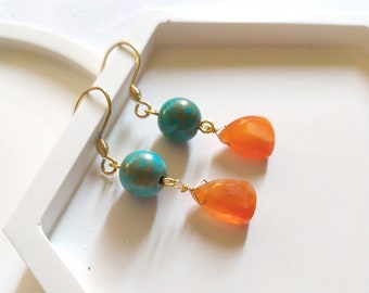 dangling earrings with turquoise paste and faceted orange cornaline