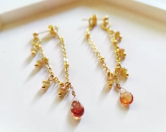 24k gold plated chain earrings with gold crystals and copper-colored sapphire briolette pendant