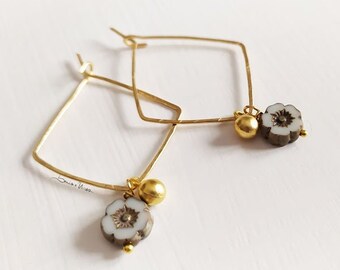 gold gray glass flower earrings rhombus golden pendant