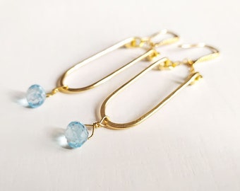 Golden light blue topaz drop briolette drop earrings