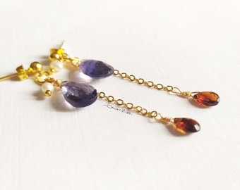 18k drop earrings with purple iolite faceted briolette gemstones and dark red sapphire