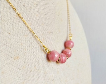 short choker necklace 24k gold plated striated pink agate chain