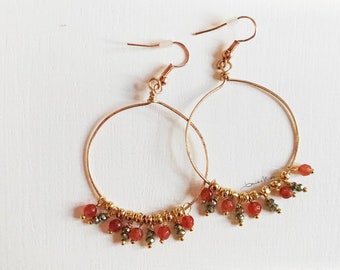 Gold hoop earrings, copper-colored glass beads, green crystals, hammered, handmade earrings, beadsandwires, earrings