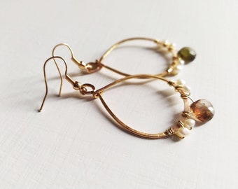 Golden hammered drop earring briolette andalusia brown green river pearls