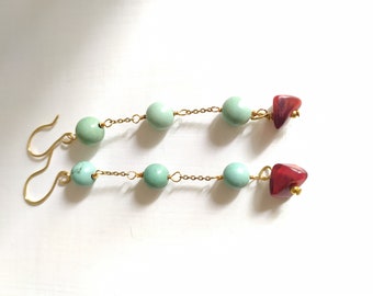long dangling earrings with red diaspro and teal agate
