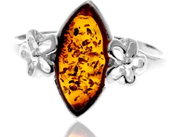 925 Sterling Silver & Genuine Baltic Amber Flower Ring - Gl409