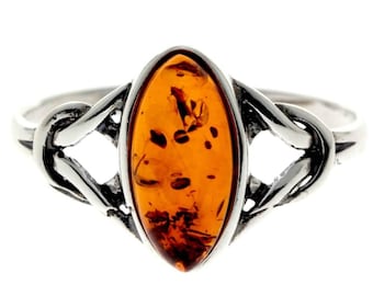 925 Sterling Silver & Genuine Baltic Amber Celtic Classic Ring - 7503