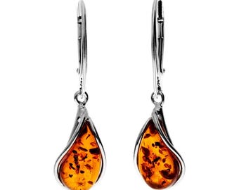 925 Sterling Silver & Baltic Amber Modern Teardrop Drop / Dangle Earrings - G029