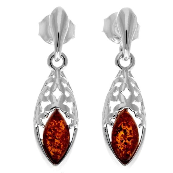 Orecchini pendenti classici in argento sterling 925 e ambra baltica autentica - Gl1013 - Italia