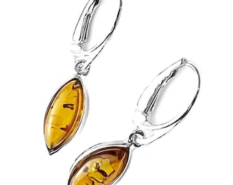 925 Sterling Silver & Genuine Baltic Amber Classic Drop Earrings - Ae07
